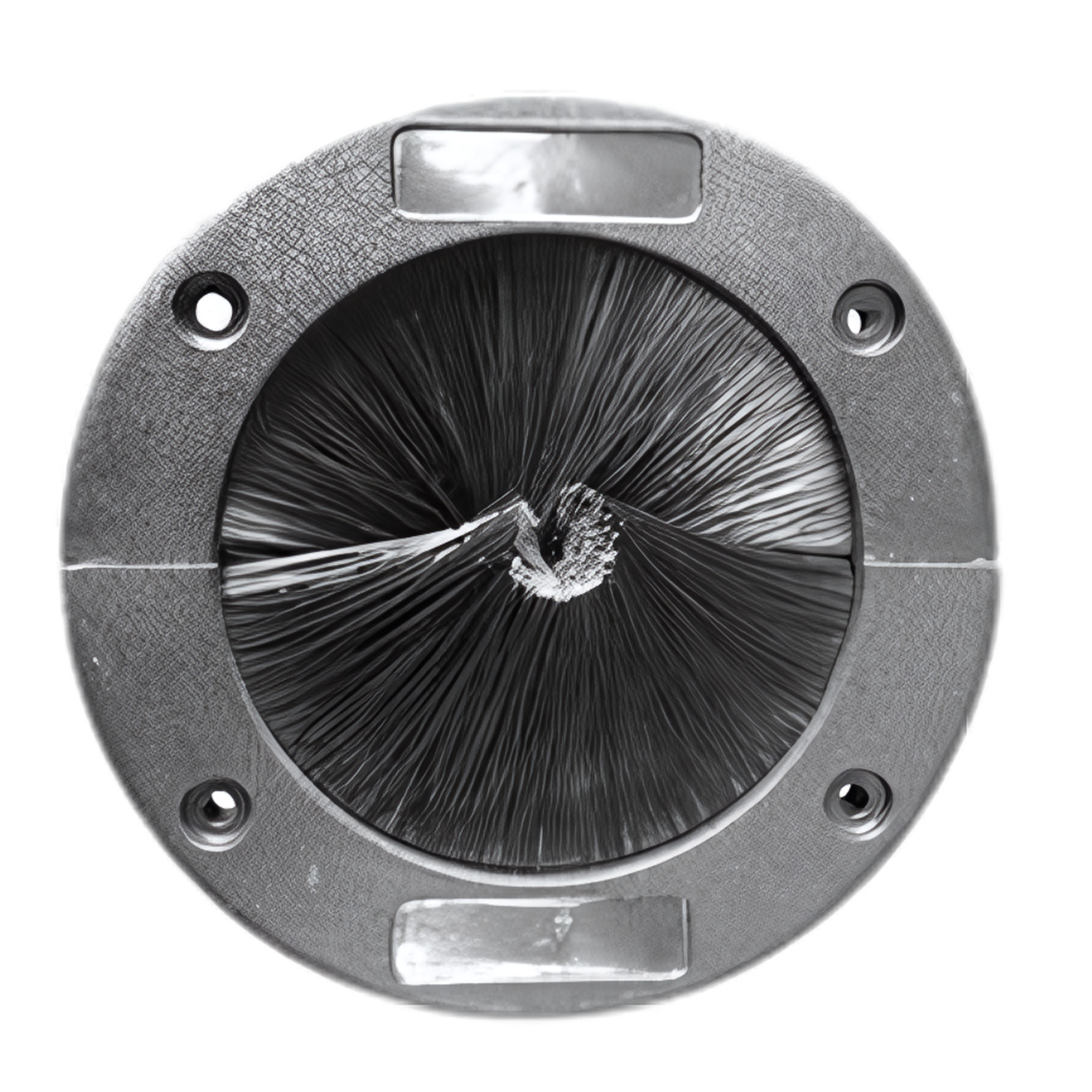 Brush Grommet – Split Round Grommet BLACK Diameter 143mm Total Hight 50mm, Height above floor 10mm - Usable cable area Diameter 95mm Upper & Lower filaments Diameter 0.25mm - Cut out size diameter 105mm
